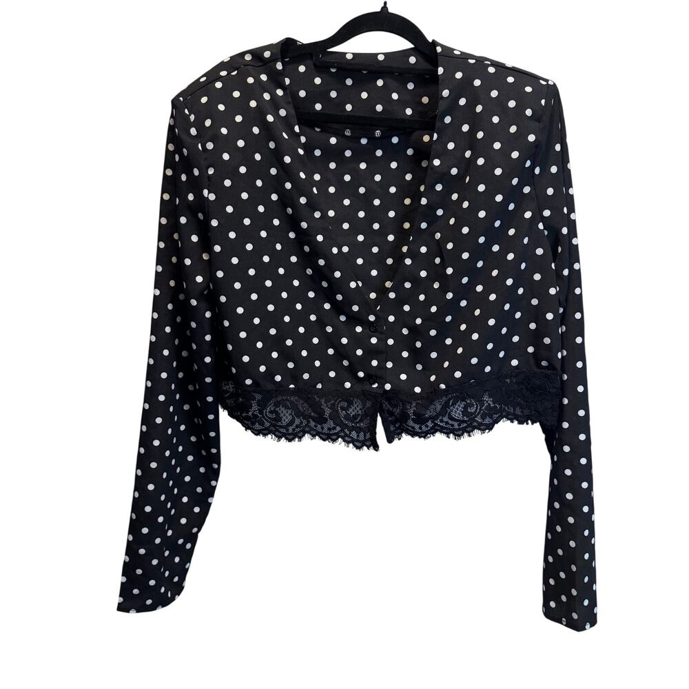 Coquette Polka Dot Lace Trim Crop Top Blouse Black White Long Sleeve Medium